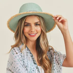 AQUA (TURQUOISE) STRAW PANAMA HAT WITH BLACK AND WHITE AZTEC BAND AND FRAYED EDGES