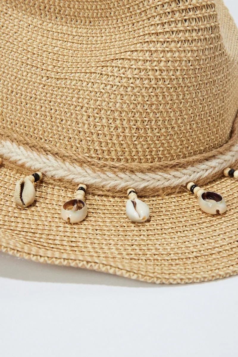 Beige Shell Detail Straw Cowboy Hat