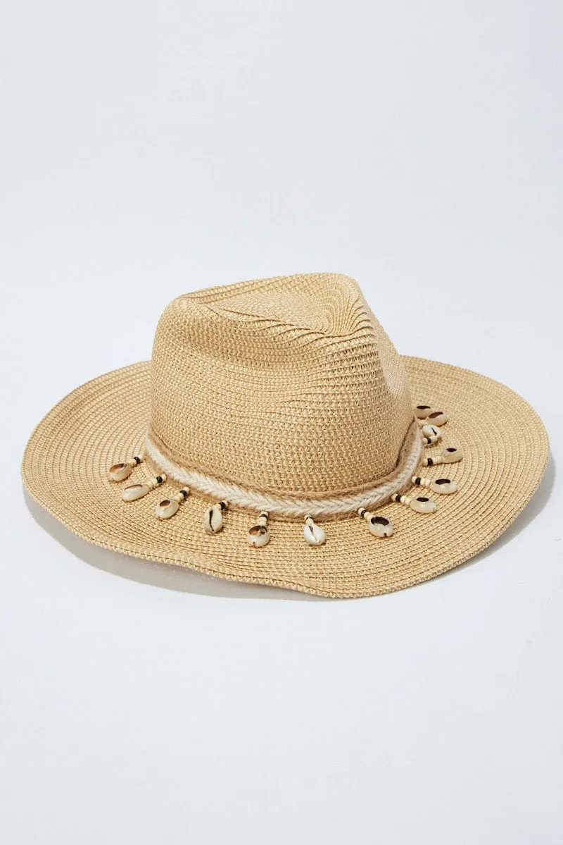 Beige Shell Detail Straw Cowboy Hat