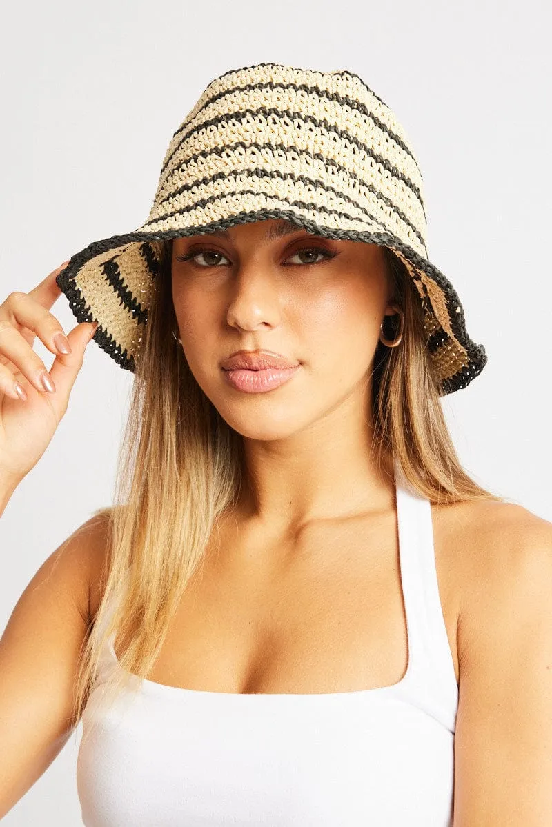 Beige Stripe Straw Bucket Hat