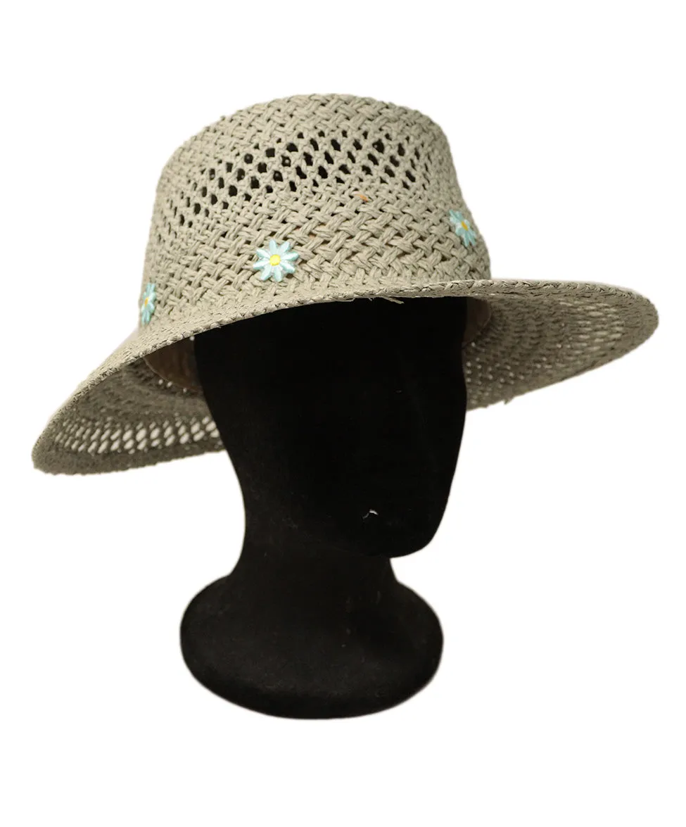 Carolyn Rowan Grey Straw Hat w/ Blue Embroidery