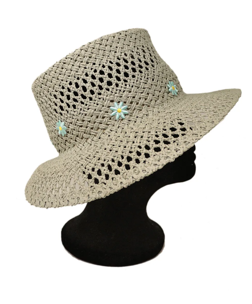 Carolyn Rowan Grey Straw Hat w/ Blue Embroidery