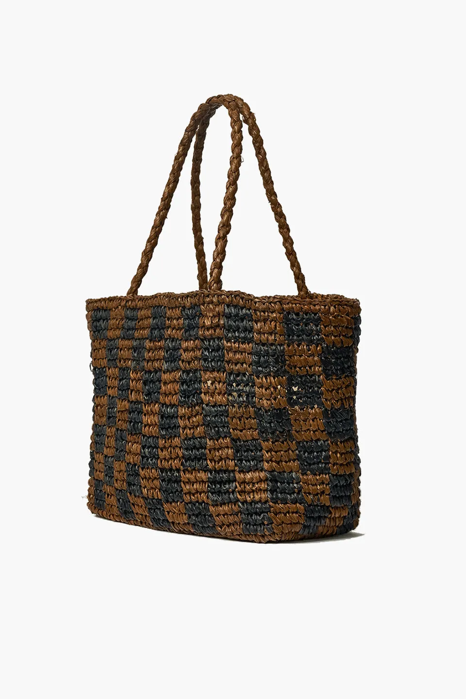 Check Small Walnut Black Straw Raffia Woven Tote