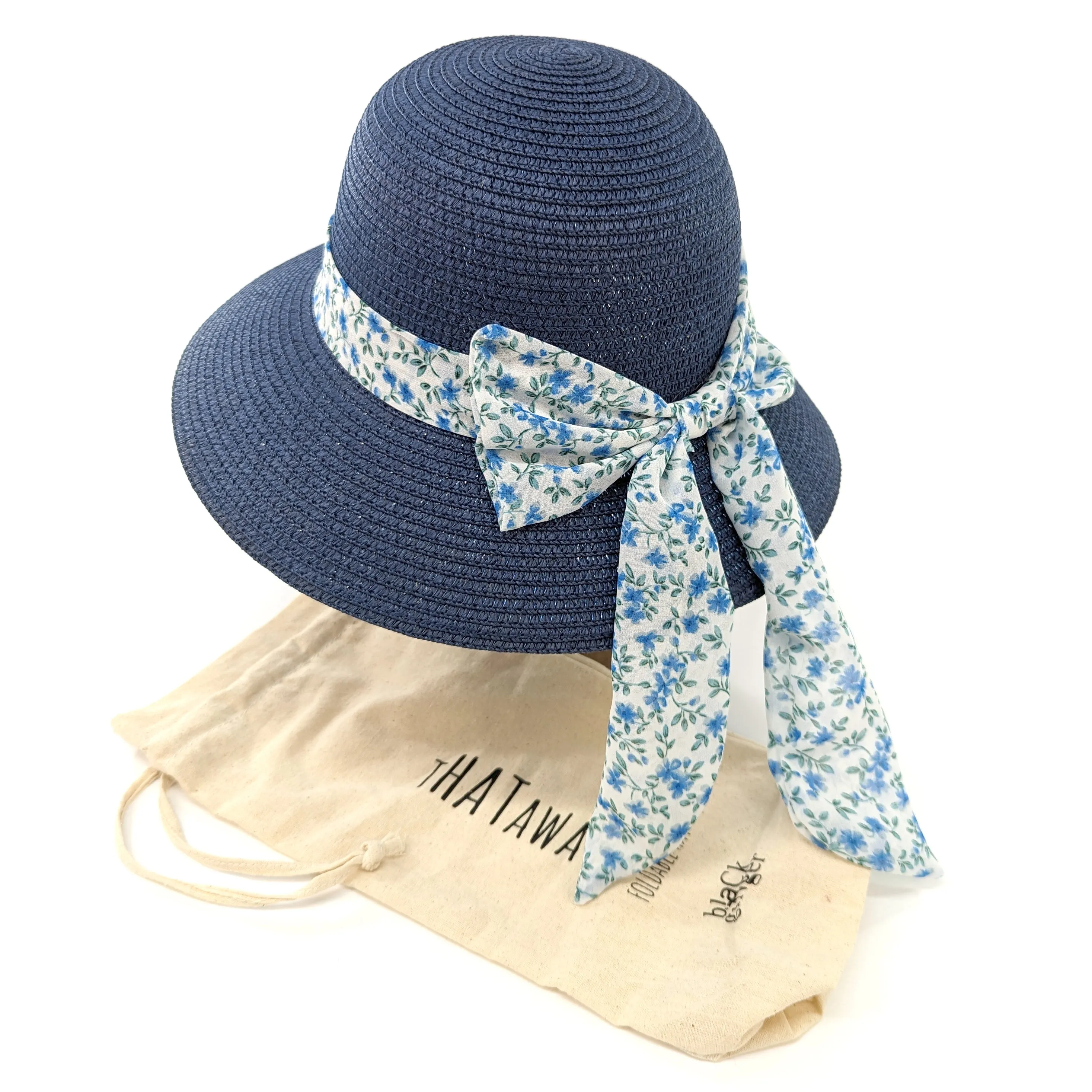 Folding Ladies Travel Sun Hat - Dark Blue Daisy Ribbon (57cm)