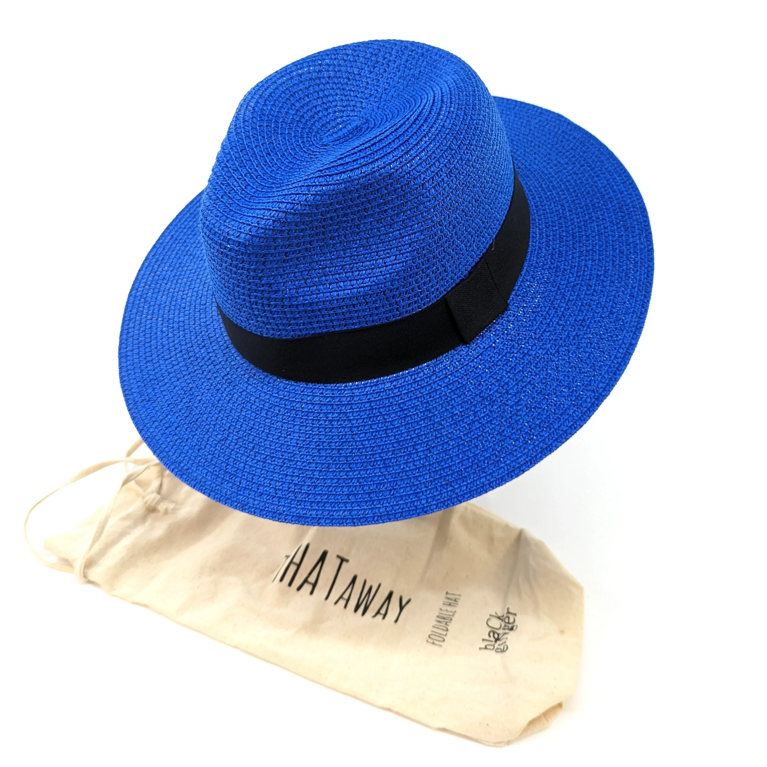 Folding Panama Style Travel Sun Hat - Deep Blue & Black (57cm)