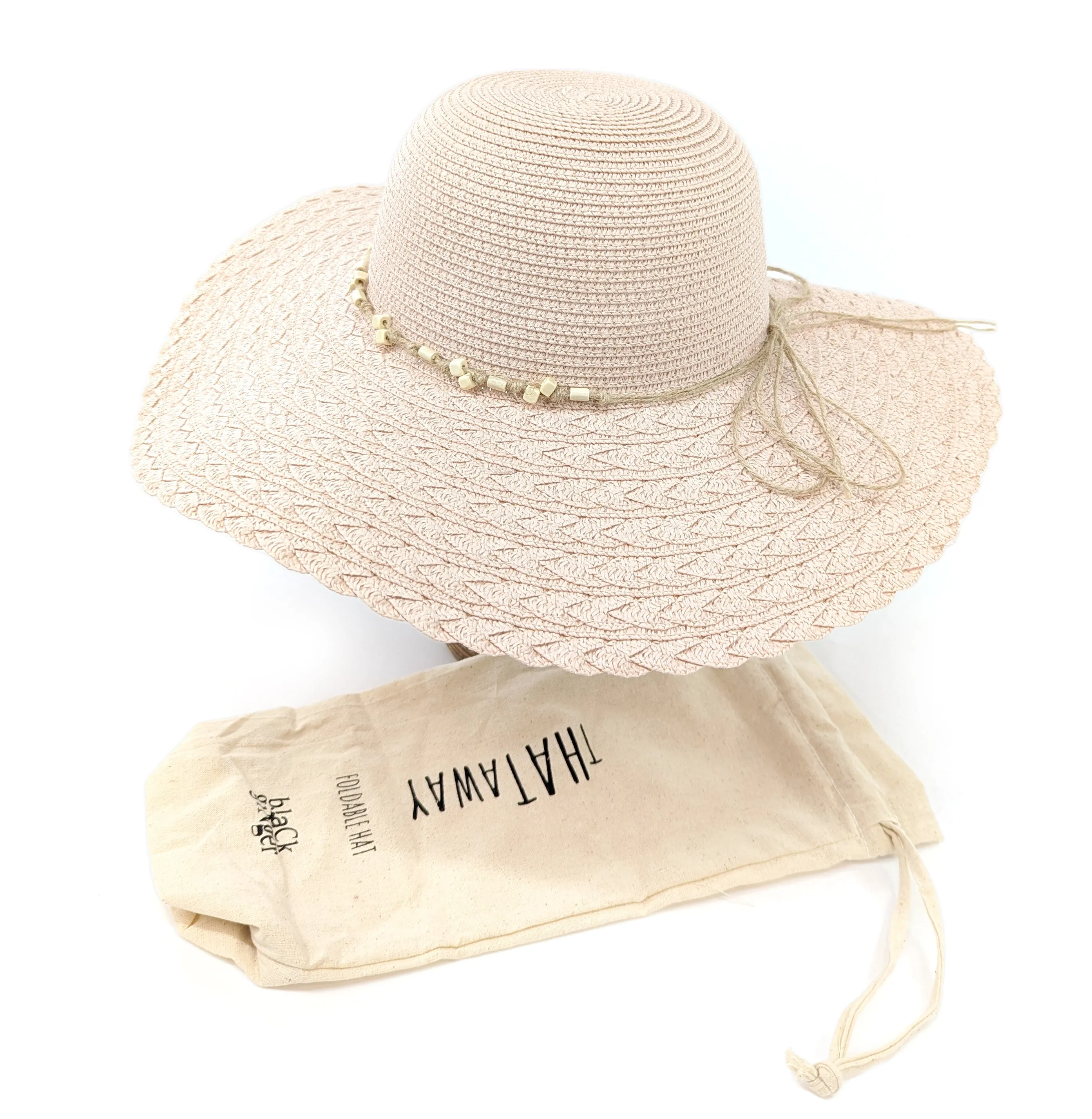 Folding Wide Brim Travel Sun Hat - Pink Beaded Band (57cm)