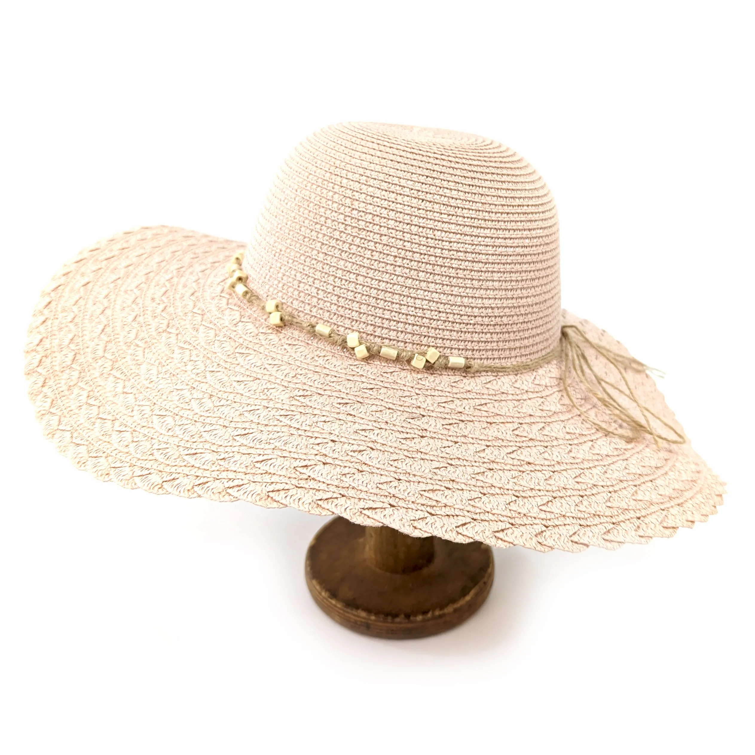 Folding Wide Brim Travel Sun Hat - Pink Beaded Band (57cm)