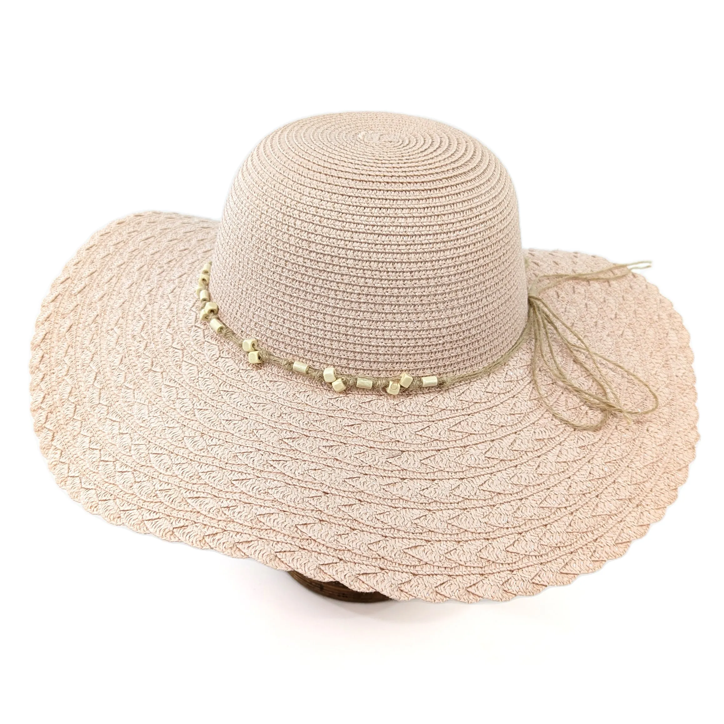 Folding Wide Brim Travel Sun Hat - Pink Beaded Band (57cm)