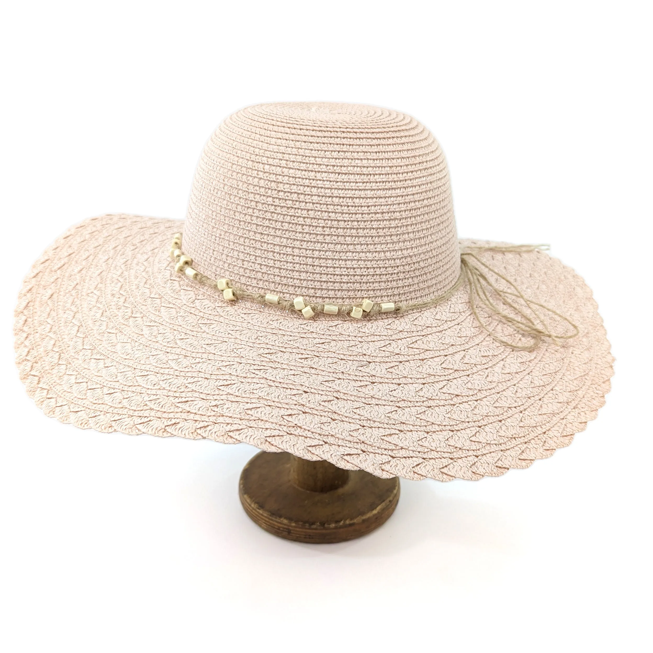 Folding Wide Brim Travel Sun Hat - Pink Beaded Band (59cm)