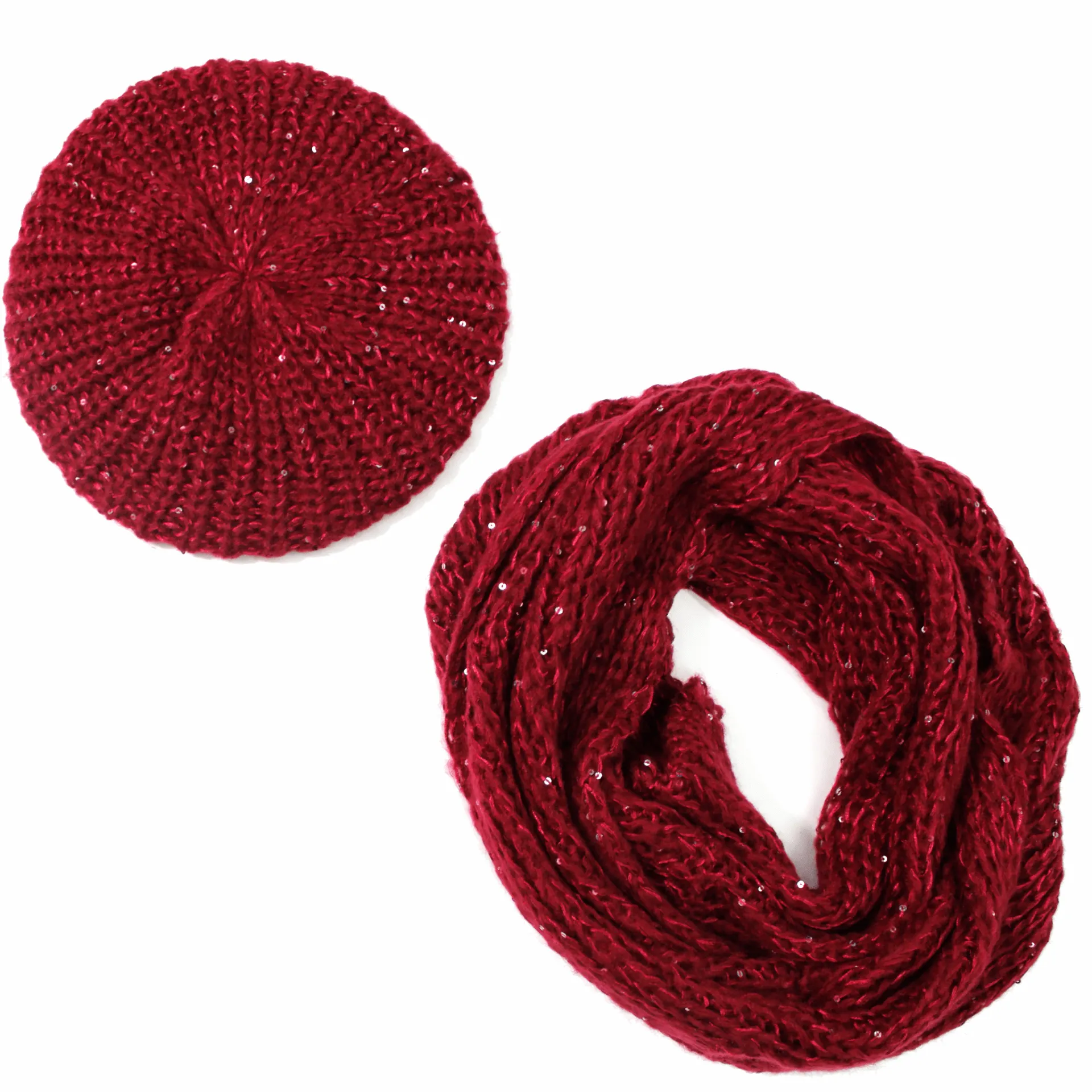 Knit Scarf & Beret Set With Sequins-Red