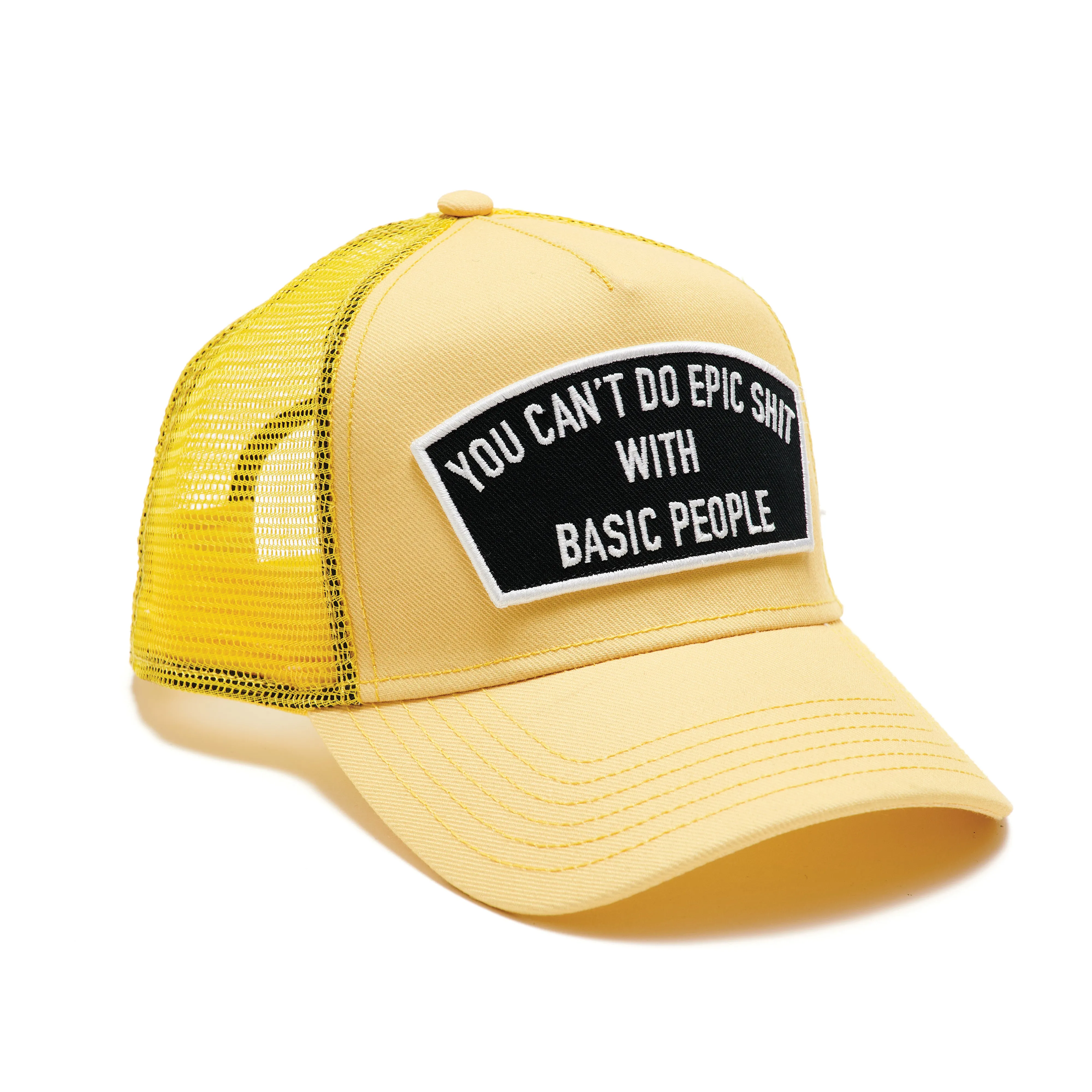 "CAN'T DO EPIC SHIT" MESH BACK TRUCKER CURVED VISOR IN VINTAGE YELLOW