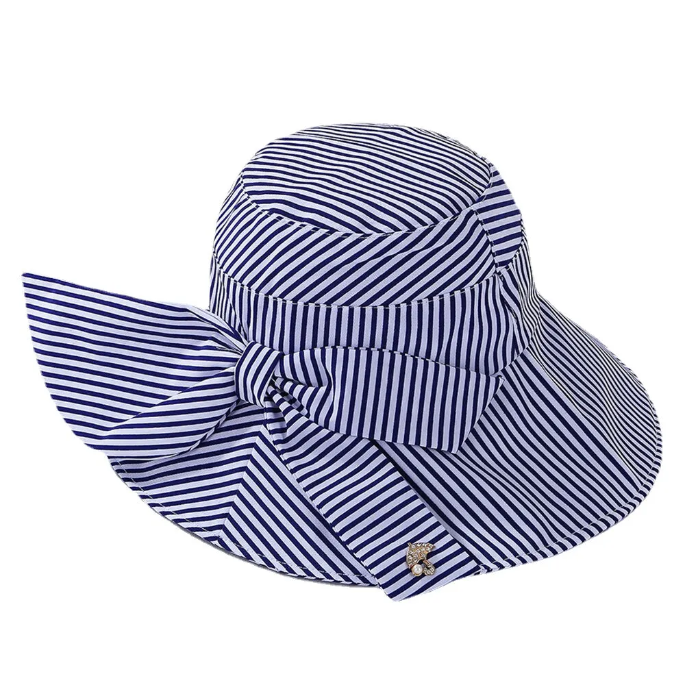 Stripe Beach Sun Hat Cotton Wide Brim Hat For Women Elegant Multipurpose Foldable Anti-UV Cap For Lady