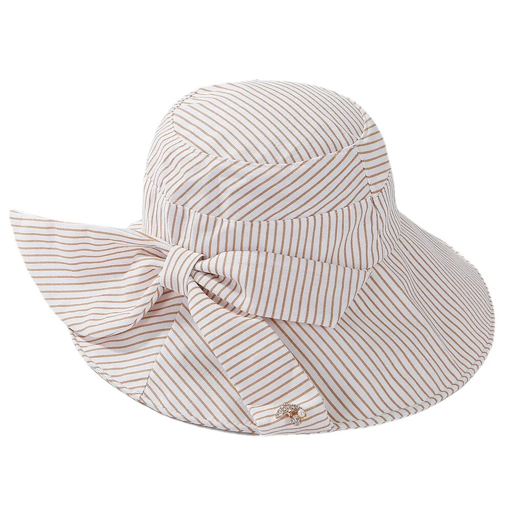 Stripe Beach Sun Hat Cotton Wide Brim Hat For Women Elegant Multipurpose Foldable Anti-UV Cap For Lady